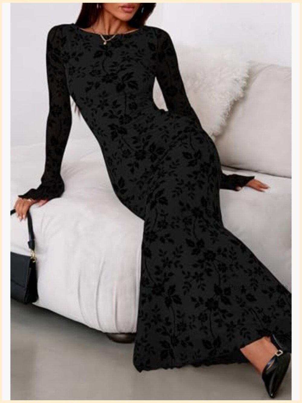 Floral Bodycon Maxi Dress Mesh Long Sleeve Formal Wedding Guest Cocktail - Picture 6 of 7